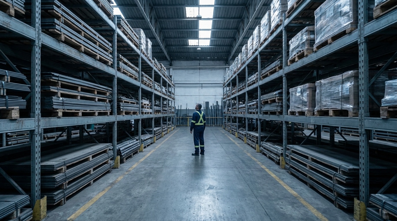 Corredor de almoxarifado de fábrica com prateleiras lotadas de chapas e tubos de aço e um operador olhando o material estocado