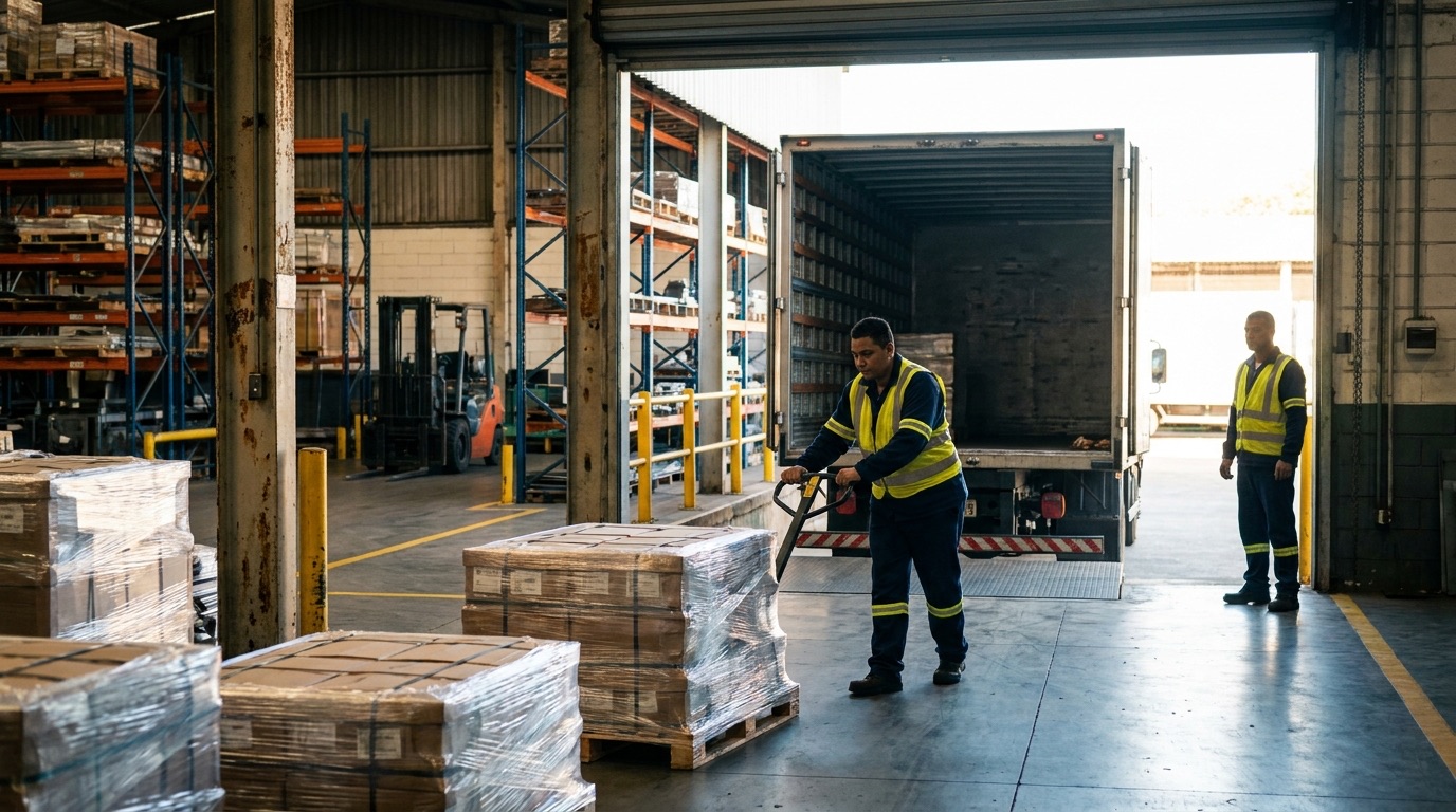Operadores carregando pallets de produto acabado em um caminhão na doca de expedição de uma fábrica
